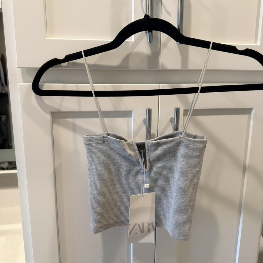 Zara Gray Ribbed Spaghetti Strap Crop Top